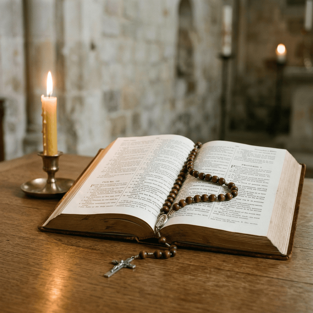 Open Bible with wooden rosary and lit candle on wooden table