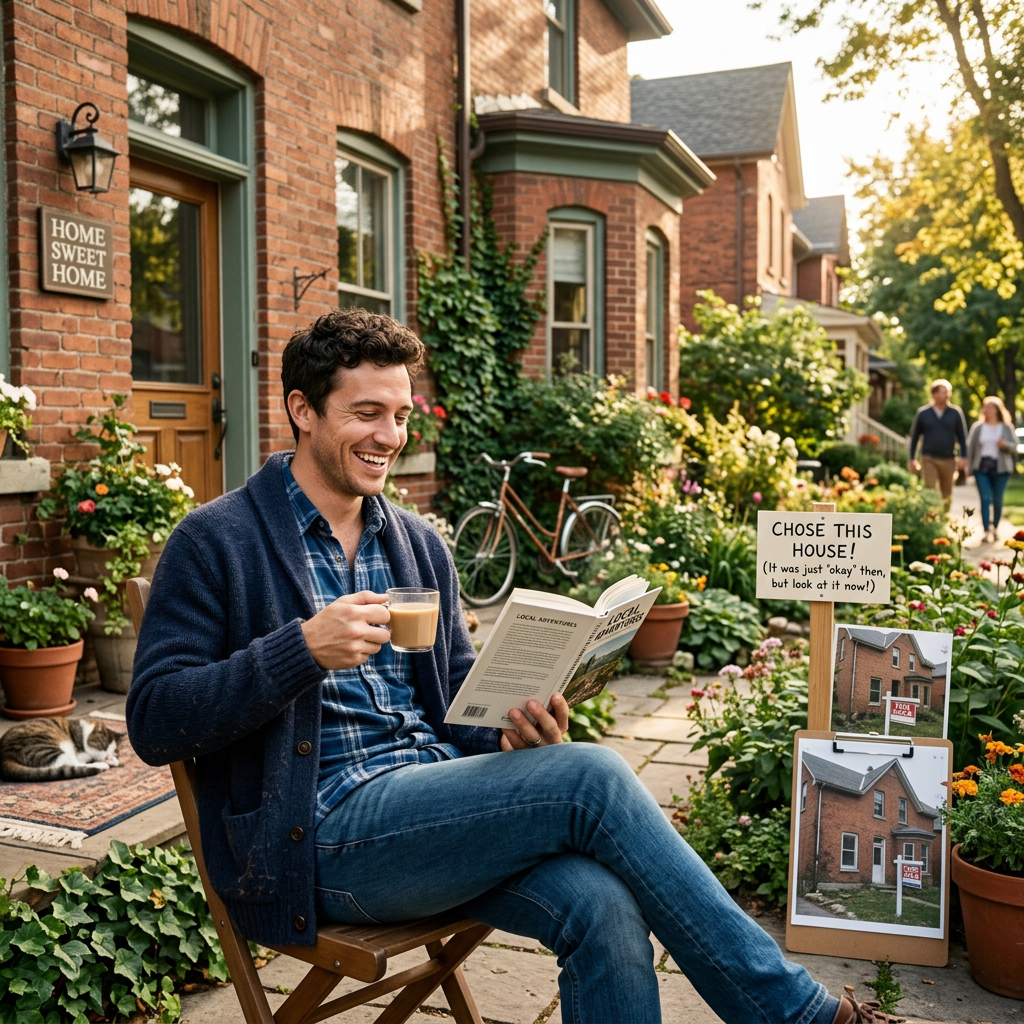 Smiling man sitting outside a brick house holding a coffee cup and reading a book